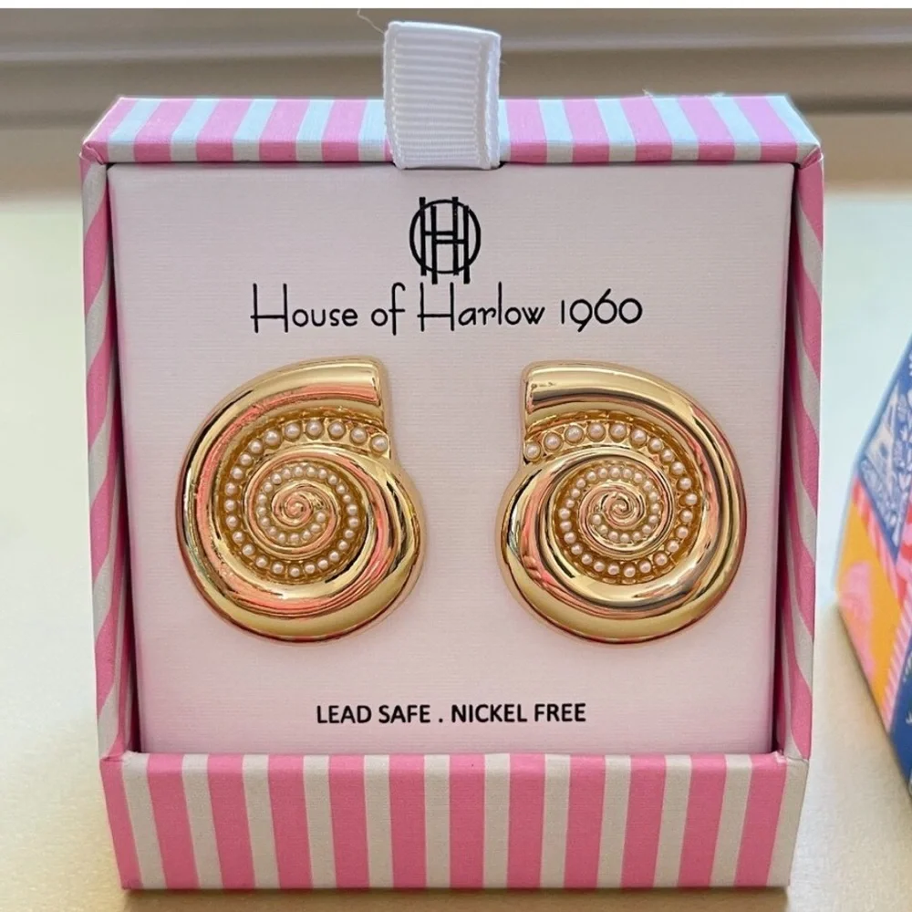 New House of Harlow 1960 Earrings Gold Pearl Shell Pierced NWT